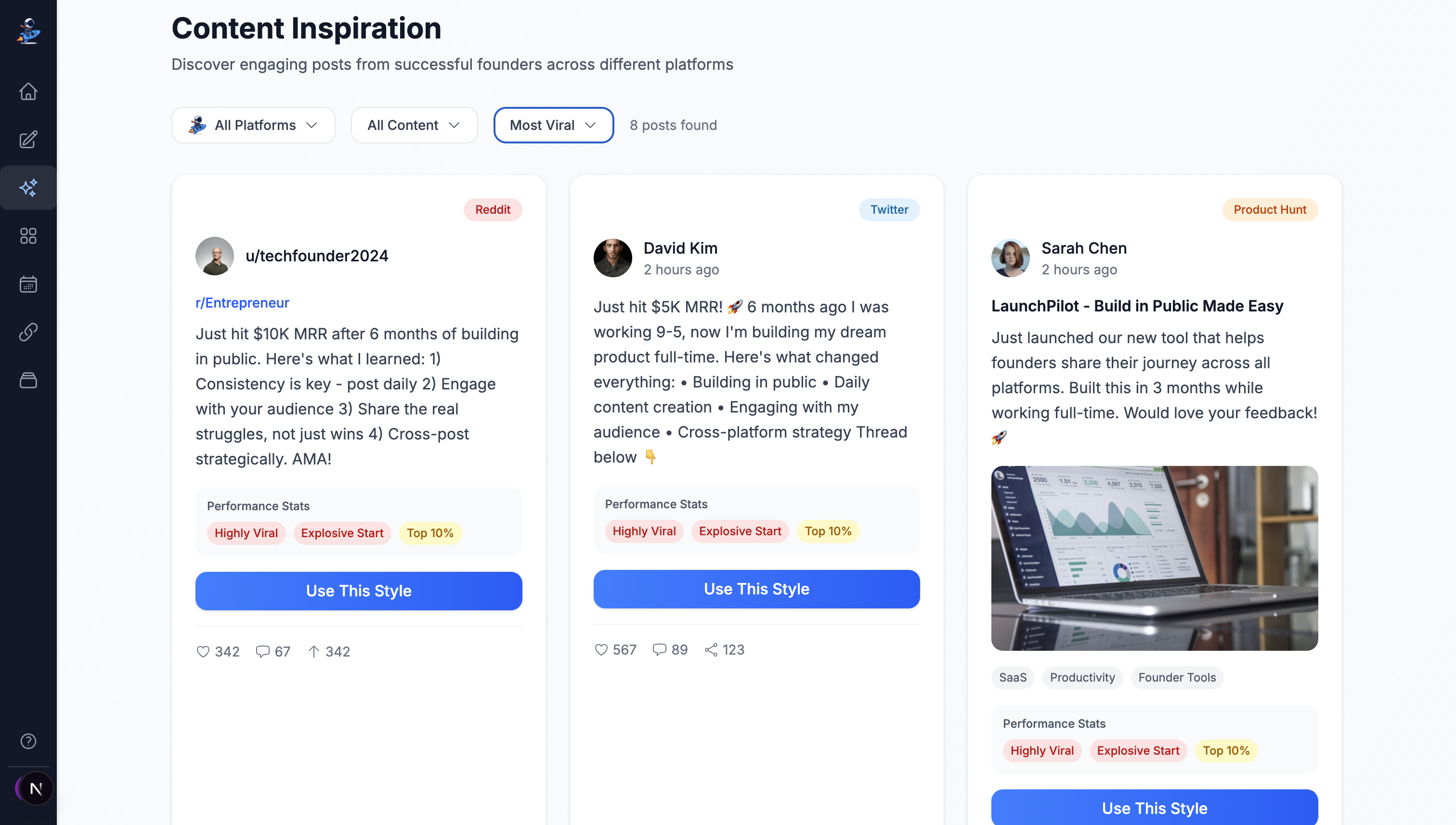 LaunchPilot Content Dashboard showing AI-generated posts and platform targeting