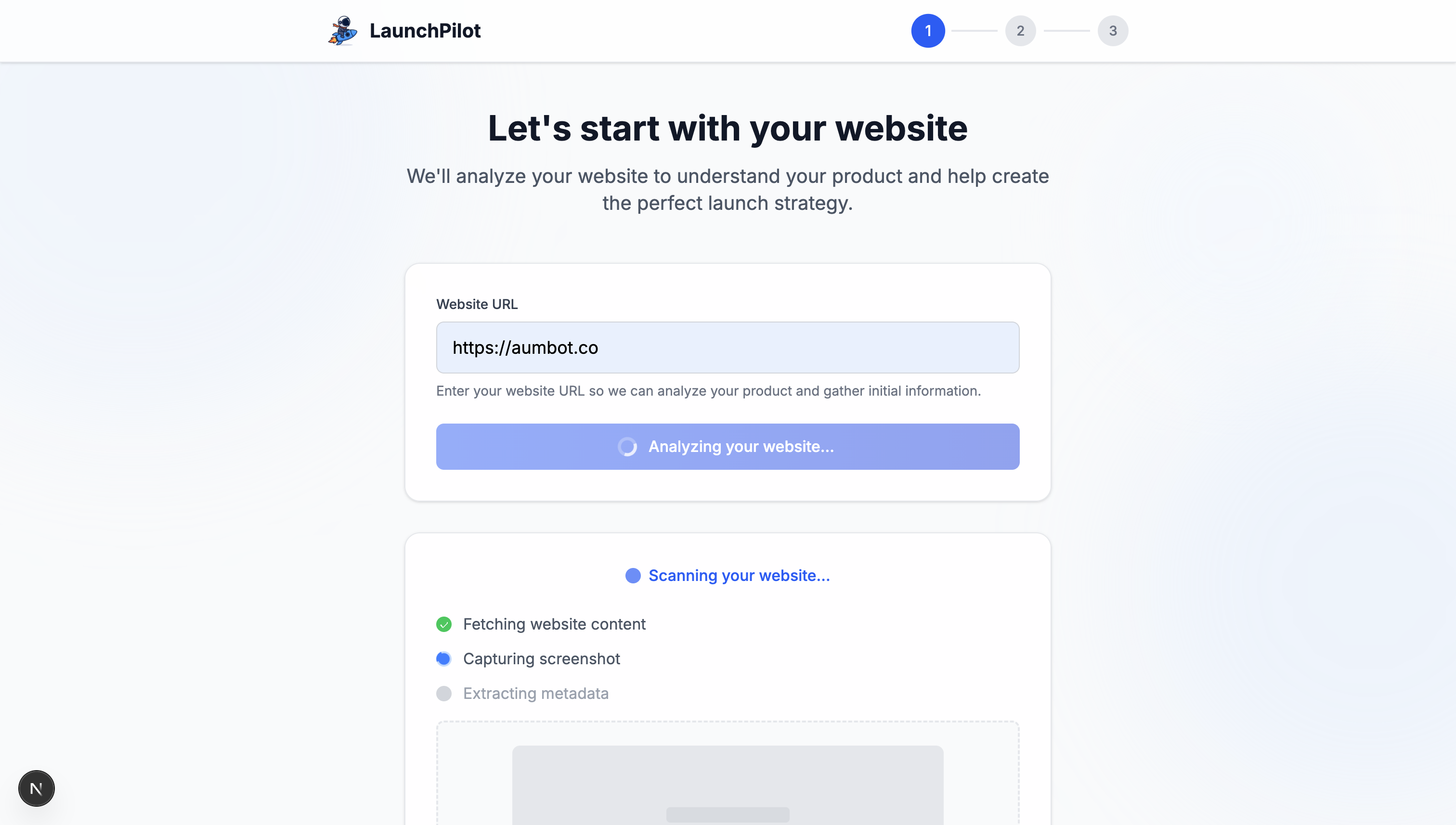 LaunchPilot Onboarding Dashboard showing product analysis and strategy setup